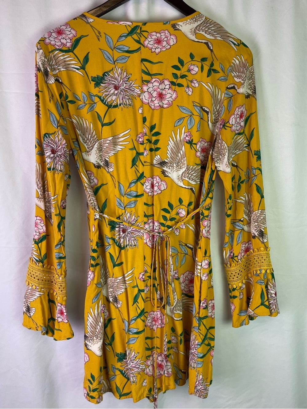 Xhilaration Yellow Boho Mini Dress with Pink Flowers & Cranes Size Small - Picture 3 of 15